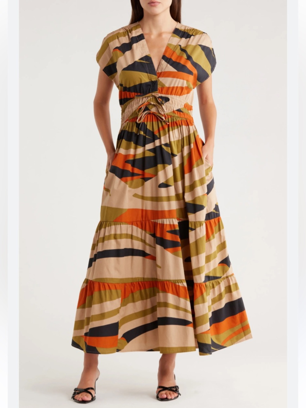 Halogen Stripe Cap Sleeve Cotton Maxi Dress Camo